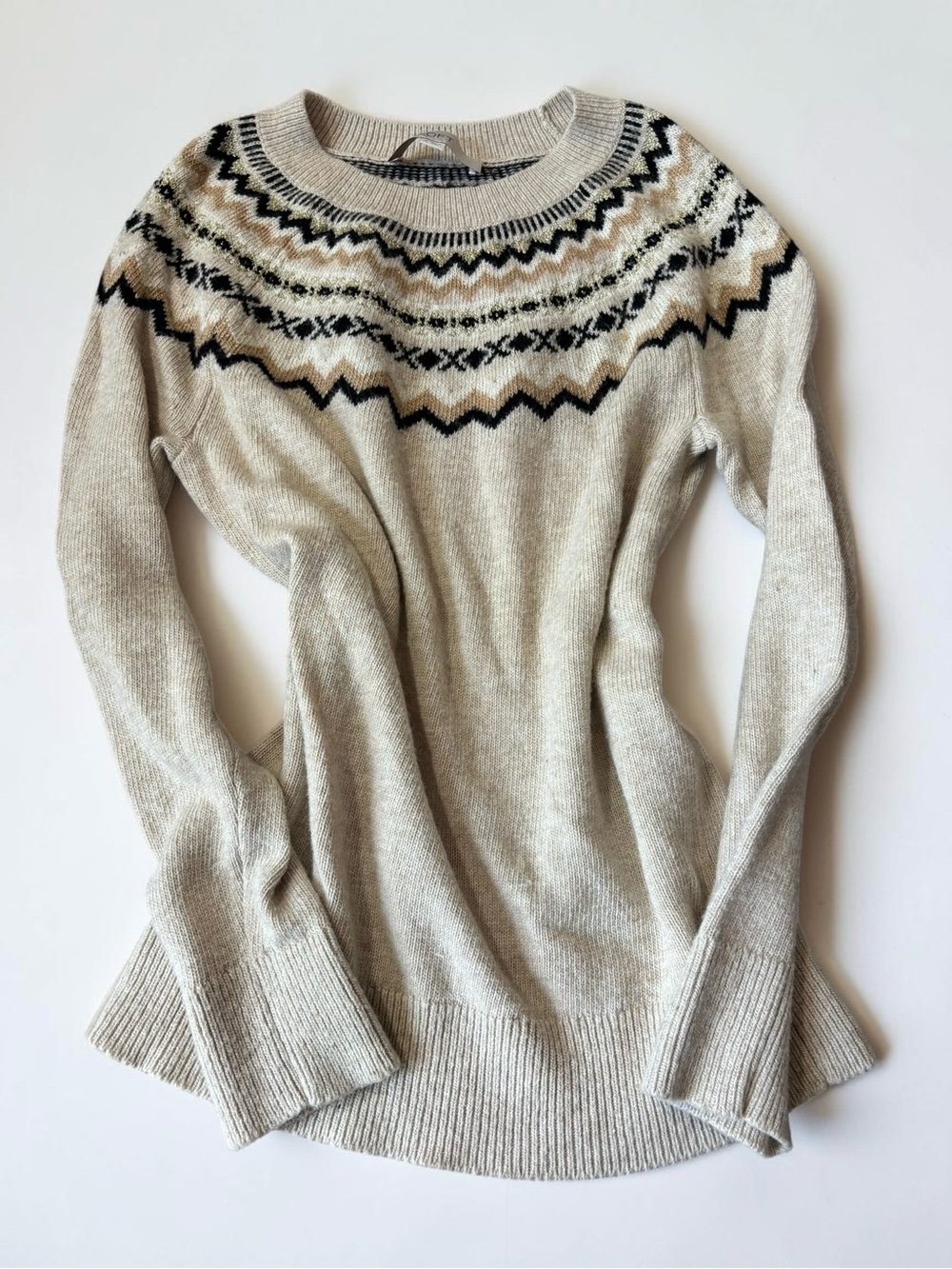 LOFT Fair Isle Wool Blend Sweater Tan Cream Black Nordic Ski Lodge Preppy S